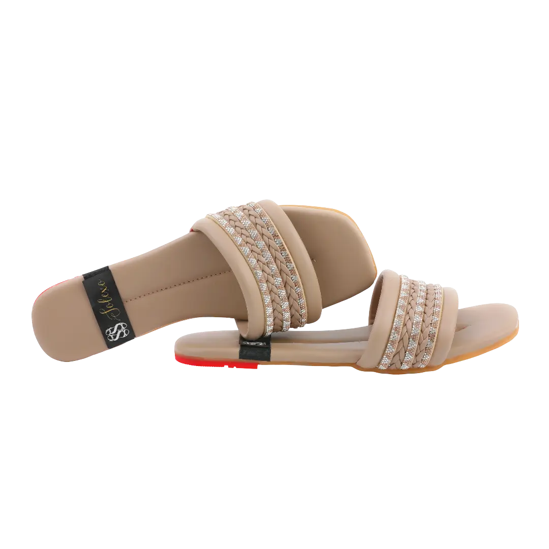 Beige Braided Crystal Embellished Slides
