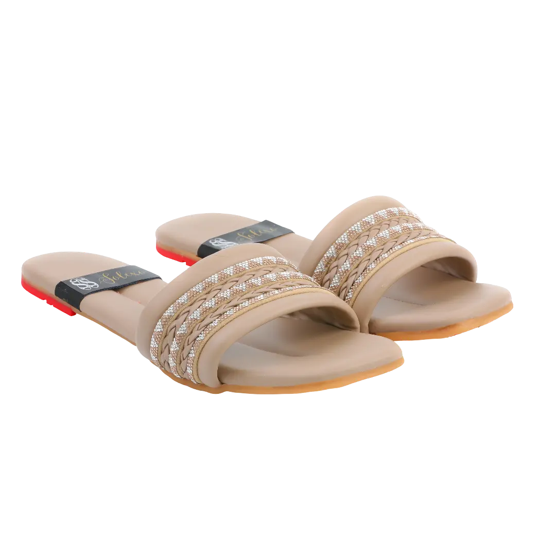 Beige Braided Crystal Embellished Slides