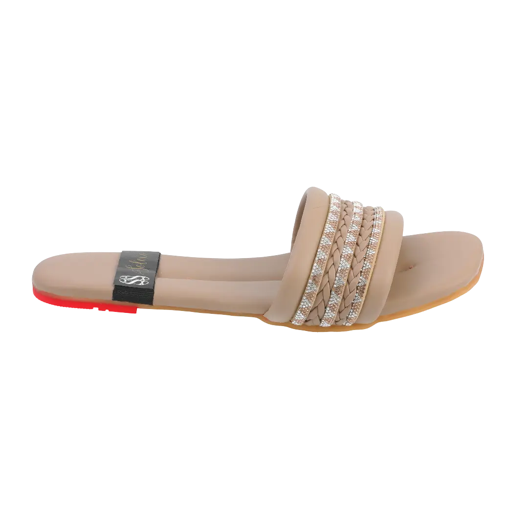 Beige Braided Crystal Embellished Slides