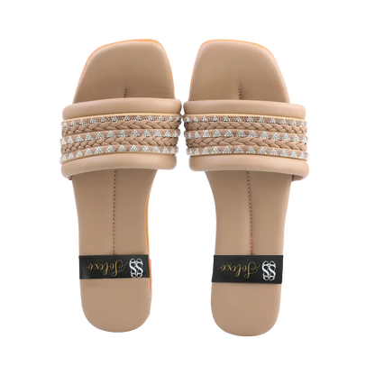 Beige Braided Crystal Embellished Slides