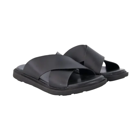 Black Faux Leather Criss-Cross Strap Slides