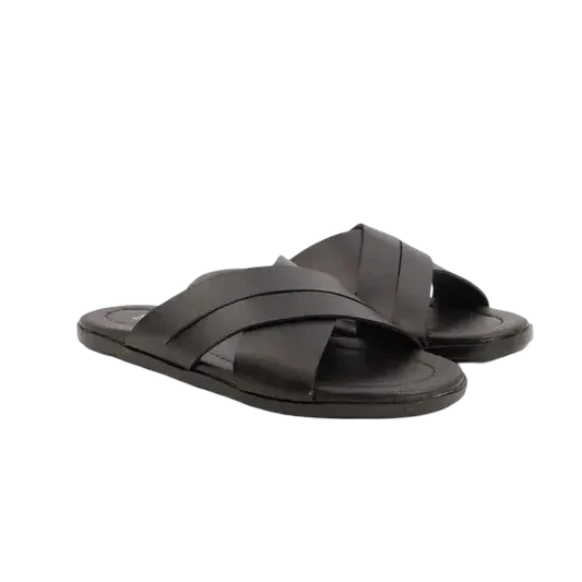 Black Faux Leather Criss-Cross Strap Slides