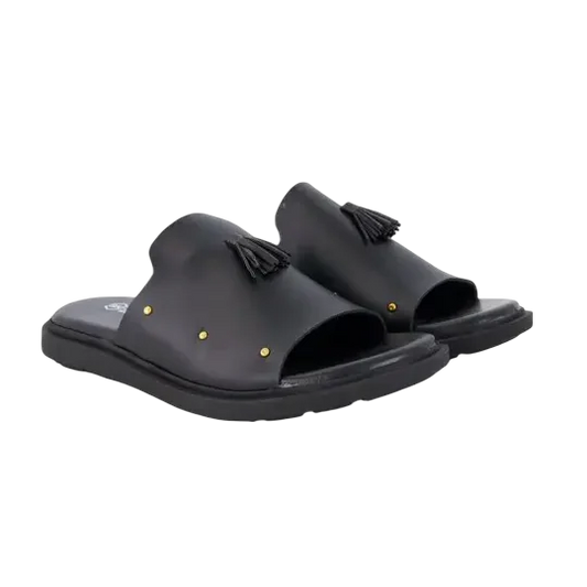 Black Leather-Look Tassel & Stud Slides