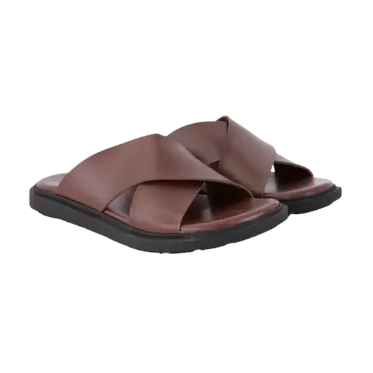Brown Faux Leather Criss-Cross Strap Slides