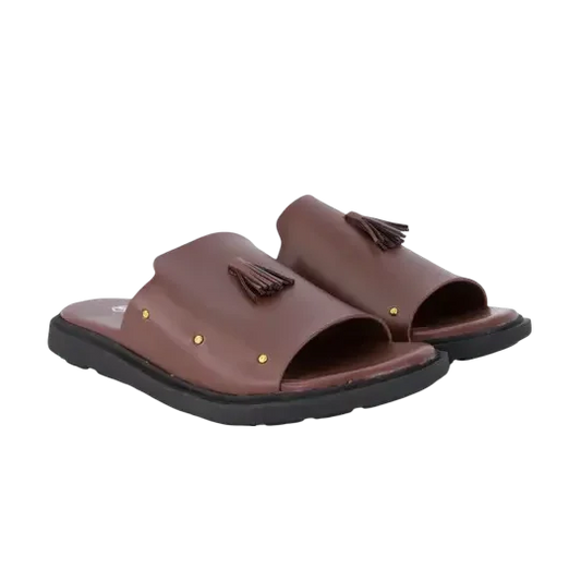 Brown Faux Leather Tassel & Stud Slides