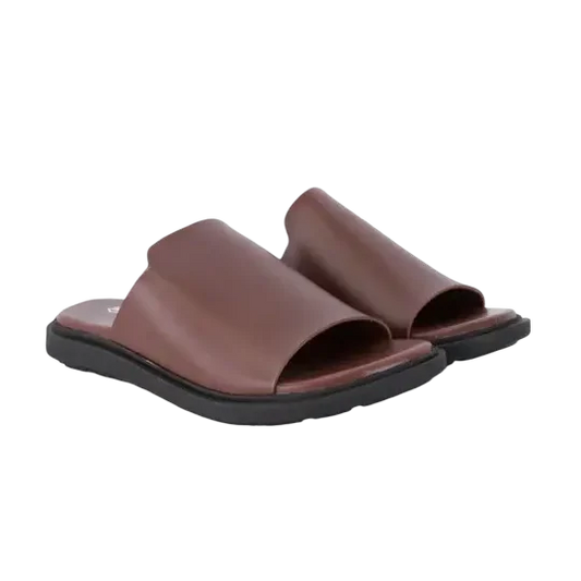 Brown Plain Faux Leather Slides