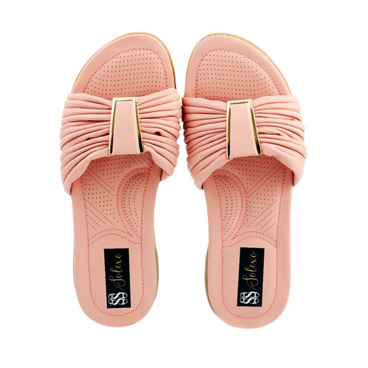 Pink Ruched V-Accent Block Heel Slides