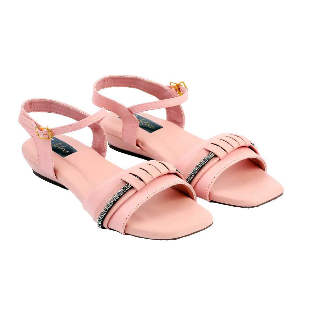 Pink Woven Crystal Strap Flat Sandals