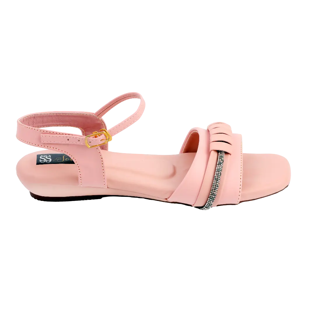 Pink Woven Crystal Strap Flat Sandals