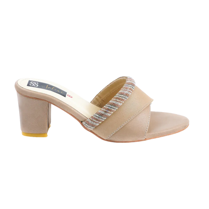 Taupe Crystal Criss-Cross Block Heel Slides